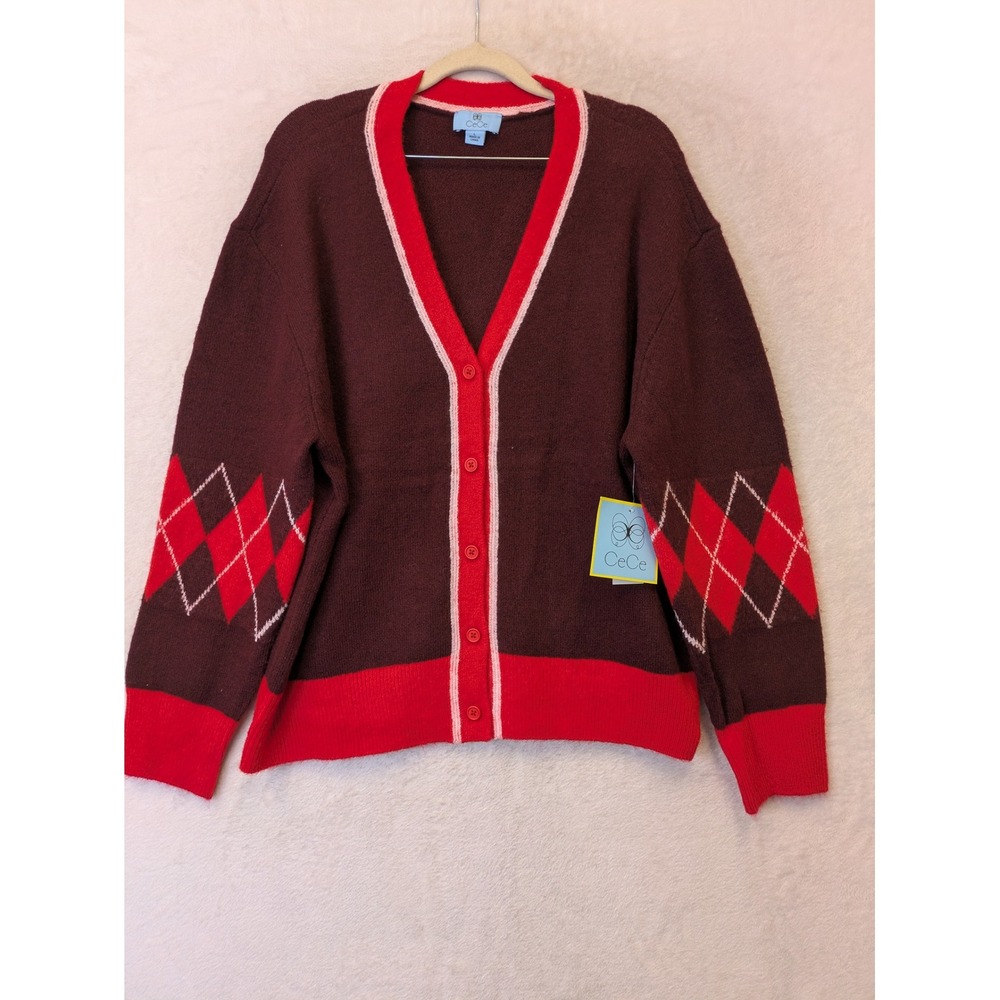 CeCe Women's Size‎ L Wine Red Argyle Cardigan Sweater V-Neck Button Front NWT